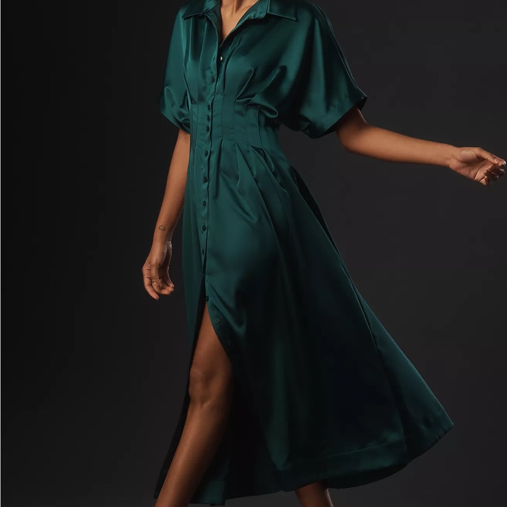 Satin Anthropologie Emerald Midi Dress - Picture 2 of 3